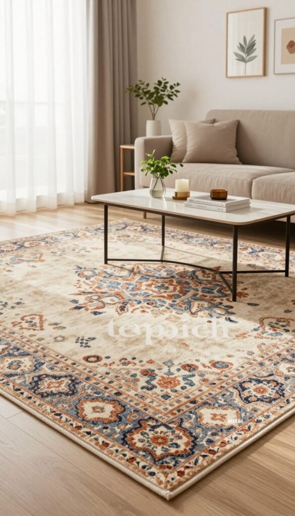 A cozy modern living room featuring a beautifully designed "teppich" as the focal point. In the foreground, the soft texture of the rug is prominently displayed, showcasing intricate patterns and warm, inviting colors. The middle ground includes a stylish coffee table adorned with decorative accessories like books and a small plant, contributing to a fresh yet sophisticated ambiance. In the background, a wall adorned with minimalistic art pieces and soft natural lighting filtering through sheer curtains creates a serene atmosphere. The composition emphasizes a Pinterest-inspired aesthetic, combining authenticity with modern elegance. The brand name "WohnKiste" is subtly suggested through the design elements, all presented without any text or overlays, ensuring a professional look.
