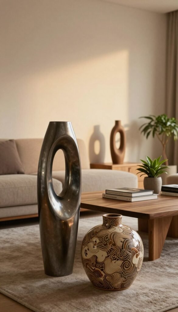 A cozy modern living room featuring elegant decorative objects and sculptures that emphasize personality and style. In the foreground, showcase unique sculptures: a tall, abstract metal piece with a polished finish and a smaller ceramic sculpture with intricate textures, both reflecting warm, natural colors. The middle ground reveals a minimalist wooden coffee table adorned with decorative books and a small potted plant, adding a touch of greenery. The background features a softly lit wall with ambient lighting that gently highlights the sculptures, creating an inviting atmosphere. Use a warm light source to enhance the overall cozy vibe, with a focus on rich textures. The scene is styled in an authentic Pinterest aesthetic, embodying modern interior design from WohnKiste. A cozy modern living room featuring elegant decorative objects and sculptures that emphasize personality and style. In the foreground, showcase unique sculptures: a tall, abstract metal piece with a polished finish and a smaller ceramic sculpture with intricate textures, both reflecting warm, natural colors. The middle ground reveals a minimalist wooden coffee table adorned with decorative books and a small potted plant, adding a touch of greenery. The background features a softly lit wall with ambient lighting that gently highlights the sculptures, creating an inviting atmosphere. Use a warm light source to enhance the overall cozy vibe, with a focus on rich textures. The scene is styled in an authentic Pinterest aesthetic, embodying modern interior design from WohnKiste.