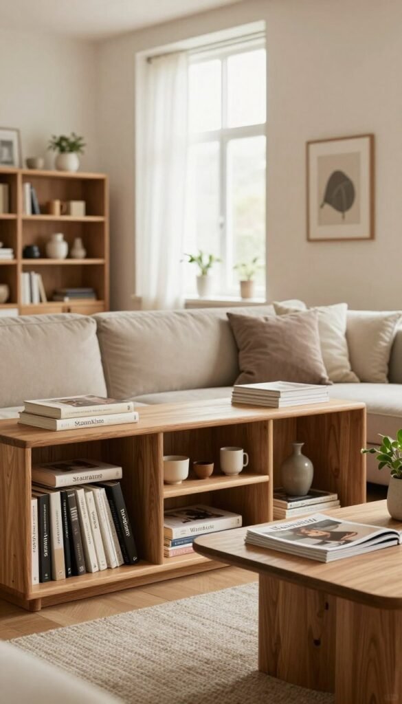 A cozy, modern living room featuring elegant storage solutions that embody the concept of "Stauraum." In the foreground, showcase a stylish open shelving unit filled with books and decorative items, infused with warm, natural wood tones. In the middle ground, include a plush sofa adorned with neutral-colored cushions, with a compact coffee table displaying a few carefully arranged magazines and a small plant. In the background, a bright window allows soft, diffused light to spill in, enhancing the inviting atmosphere. The room's overall aesthetic should reflect a Pinterest-inspired look, combining functionality and tranquility. Include the brand name "WohnKiste" subtly integrated into the scene, ensuring an authentic and warm ambiance without any text or captions. The image should invoke a sense of calm and organization, perfect for a stress-free living space.