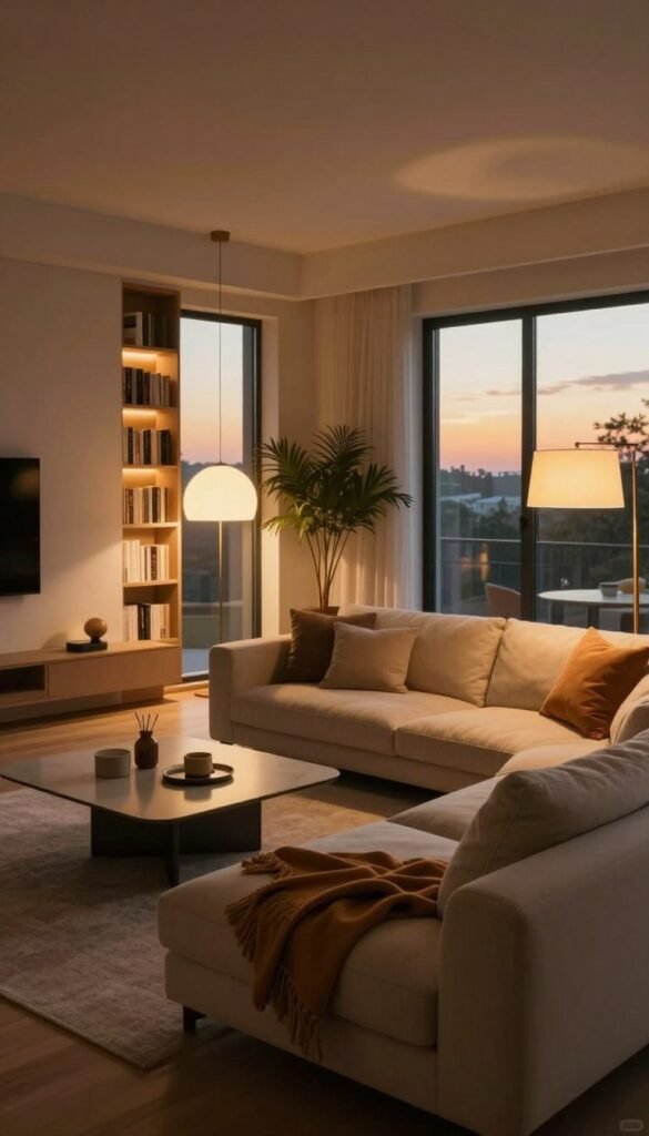 A cozy modern living room featuring multiple light sources that create distinct lighting zones. In the foreground, a stylish sofa adorned with soft cushions and a warm throw, bathed in the gentle glow of a nearby floor lamp. In the middle, a sleek coffee table displays a few decorative items, illuminated by a pendant light hanging above. To the left, an elegant bookshelf softly lit by recessed lighting, while a large window showcases the natural light of a sunset outside, casting a warm hue across the room. The background includes a tastefully arranged indoor plant, providing a touch of nature. The overall atmosphere is inviting and serene, with warm colors and an authentic Pinterest aesthetic, capturing the essence of "WohnKiste."