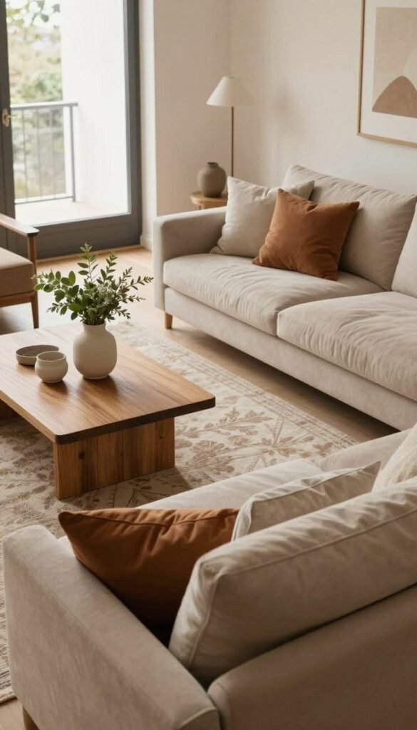 A cozy, modern living room featuring natural decor elements, showcasing a harmonious blend of warm colors and textures. In the foreground, a stylish, plush sofa adorned with soft, earthy-toned cushions sits invitingly. A wooden coffee table is adorned with a minimalist ceramic vase holding fresh green plants. In the middle ground, an elegant rug with subtle patterns complements the arrangement, while a few tasteful decorative items add character without clutter. The background reveals a large window allowing soft, natural light to flood the space, creating a serene atmosphere. The walls are painted in a calming neutral shade, enhancing the cozy vibe. Ensure a Pinterest-inspired aesthetic, reflecting the brand "WohnKiste," with authentic appeal. Capture this scene from a slightly elevated angle to accentuate depth and warmth, avoiding any text or logos in the image.