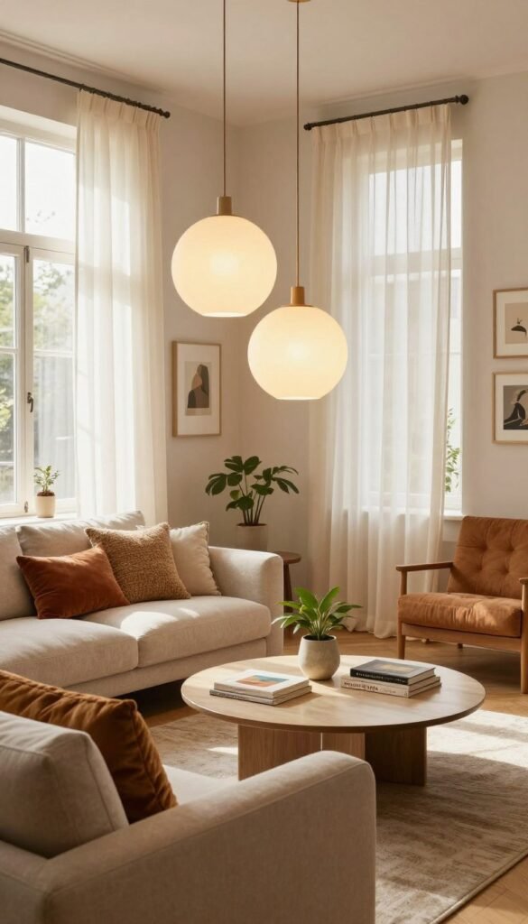 A cozy, modern living room featuring soft, warm lighting emanating from elegant pendant lamps, enhancing the ambiance. In the foreground, a plush sofa adorned with textured, colorful cushions invites relaxation. The middle ground showcases a chic coffee table with stylish decor, such as a small potted plant and a few artfully arranged books. The background reveals large windows draped with light, airy textiles that gently diffuse sunlight, creating a tranquil atmosphere. Rich wooden flooring adds warmth, while a few framed artworks on the walls contribute to a refined aesthetic. The overall mood is inviting and serene, embodying the concept of "Licht" in home design. This image reflects the essence of WohnKiste, emphasizing bright, natural colors and a Pinterest-inspired look, aiming to inspire elegance and comfort in interior spaces. A cozy, modern living room featuring soft, warm lighting emanating from elegant pendant lamps, enhancing the ambiance. In the foreground, a plush sofa adorned with textured, colorful cushions invites relaxation. The middle ground showcases a chic coffee table with stylish decor, such as a small potted plant and a few artfully arranged books. The background reveals large windows draped with light, airy textiles that gently diffuse sunlight, creating a tranquil atmosphere. Rich wooden flooring adds warmth, while a few framed artworks on the walls contribute to a refined aesthetic. The overall mood is inviting and serene, embodying the concept of "Licht" in home design. This image reflects the essence of WohnKiste, emphasizing bright, natural colors and a Pinterest-inspired look, aiming to inspire elegance and comfort in interior spaces.