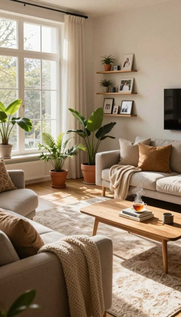 A cozy, modern living room, filled with natural light streaming through large windows, creating warm, inviting tones. In the foreground, a stylish sofa adorned with textured cushions and a knit throw, next to a low wooden coffee table with a few books and a steaming cup of tea. In the middle ground, a plush area rug anchors the space, surrounded by potted plants that add life and vibrancy. On the wall behind, decorative shelves display curated decor items and family photos, contributing to a personal touch. The background features a soft, neutral-toned wall that emphasizes the cozy atmosphere. Captured from a slightly elevated angle, the scene conveys a sense of warmth and comfort, evoking the feel of a lived-in, yet elegant room. Brand name "WohnKiste" subtly integrated into the decor elements without text.