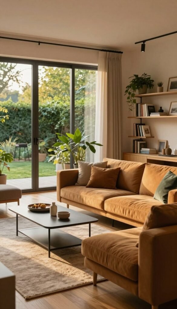 A cozy, modern living room in Germany, designed to reflect current housing trends. In the foreground, a stylish sofa in warm hues faces a sleek coffee table adorned with minimalist decor. A soft area rug adds warmth to the hardwood floor. In the middle ground, large windows let in abundant natural light, revealing a view of lush greenery outside. Clean lines of contemporary furniture emphasize comfort and functionality. The background showcases a tasteful bookshelf filled with books and plants, creating an inviting atmosphere. Use warm lighting to enhance the cozy mood, simulating a late afternoon setting. Capture a Pinterest-worthy aesthetic. Ensure the setting feels authentic and approachable, representing "WohnKiste" as a brand focused on innovative living spaces.