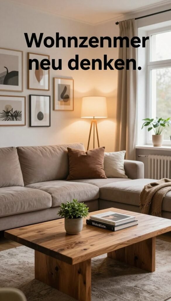 A cozy, modern living room interior designed with warm colors and a Pinterest aesthetic. In the foreground, a stylish coffee table made of reclaimed wood is adorned with a few decorative items, such as a small potted plant and a stylish coffee table book. In the middle ground, a plush sofa with soft cushions is positioned against a wall, complemented by a floor lamp that casts a warm glow. On the wall behind, there's a striking gallery of framed artwork. The background features large windows allowing natural light to pour in, highlighting the texture of the room's decor. The overall mood is inviting and reflective, capturing the essence of "Wohnzimmer neu denken." The scene promotes an atmosphere of creativity and comfort while incorporating the brand “WohnKiste.”