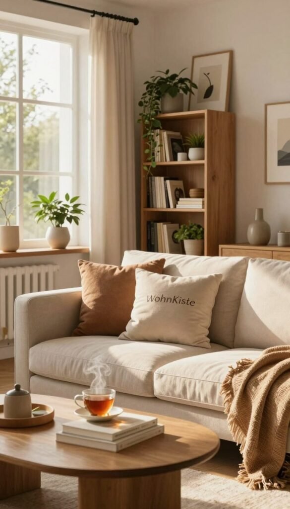 A cozy modern living room scene, designed with warm, natural colors and a Pinterest-inspired aesthetic. In the foreground, a plush, comfortable sofa with soft throw pillows invites relaxation, while a stylish coffee table holds a steaming cup of tea and a stack of books. The middle ground features a carefully curated bookshelf filled with greenery, art pieces, and decorative items that evoke a sense of tranquility. A large window in the background allows soft sunlight to pour in, casting gentle shadows and highlighting textures. The walls are adorned with tasteful artwork, enhancing the cozy atmosphere. The overall mood should be inviting and warm, capturing the essence of a comfortable home environment. Include subtle branding elements from "WohnKiste" through decorative accents that reflect their style, ensuring an authentic look without any text or logos. A cozy modern living room scene, designed with warm, natural colors and a Pinterest-inspired aesthetic. In the foreground, a plush, comfortable sofa with soft throw pillows invites relaxation, while a stylish coffee table holds a steaming cup of tea and a stack of books. The middle ground features a carefully curated bookshelf filled with greenery, art pieces, and decorative items that evoke a sense of tranquility. A large window in the background allows soft sunlight to pour in, casting gentle shadows and highlighting textures. The walls are adorned with tasteful artwork, enhancing the cozy atmosphere. The overall mood should be inviting and warm, capturing the essence of a comfortable home environment. Include subtle branding elements from "WohnKiste" through decorative accents that reflect their style, ensuring an authentic look without any text or logos.