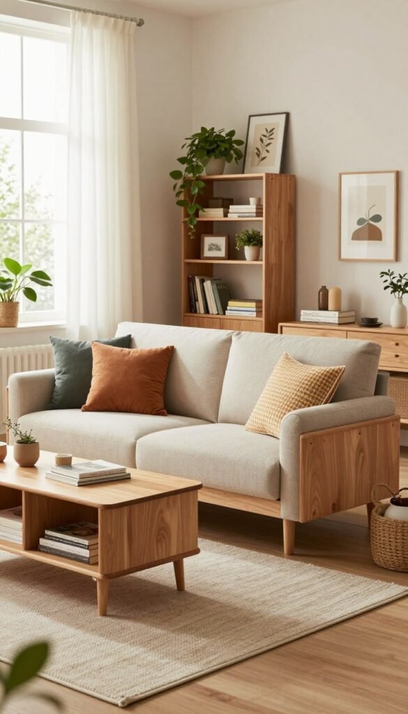 A cozy, modern living room scene showcasing multifunctional furniture designed for small spaces. In the foreground, a stylish, compact sofa adorned with colorful cushions sits atop a textured area rug. Beside it, a sleek, wooden coffee table with built-in storage creatively holds books and decorative items. The middle ground features a minimalist shelving unit filled with plants and art pieces, blending functionality with aesthetic appeal. In the background, a large window allows soft, natural light to flood in, creating a warm and inviting atmosphere. The walls are painted in soft, neutral tones, and there are touches of greenery around, enhancing the Pinterest-inspired look. The branding "WohnKiste" is subtly integrated into the furniture design. Focus on natural colors and authentic details to evoke a harmonious, stylish environment perfect for space-saving decor.