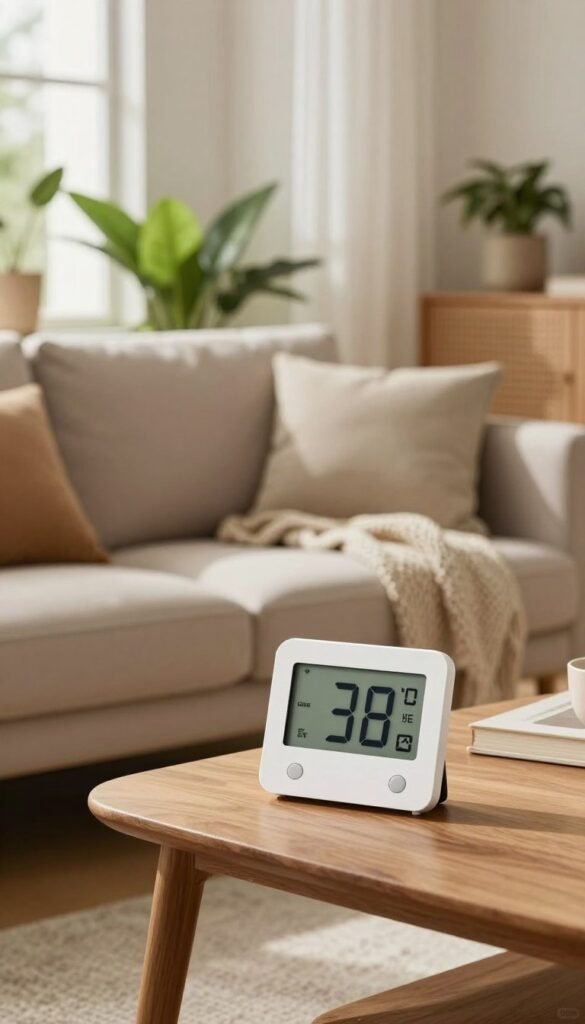 A cozy, modern living room setup that emphasizes a balanced "raumklima". In the foreground, a stylish digital thermometer hygrometer is placed on a sleek wooden table, showcasing visible temperature and humidity readings. In the middle, a comfortable sofa with soft cushions and a knitted throw blanket invites relaxation, complemented by indoor plants that enhance the air quality. The background features large windows allowing warm, natural light to flood the space, with sheer curtains gently swaying. The overall color palette consists of warm earth tones and soft greens, creating a harmonious and inviting atmosphere. The scene reflects a Pinterest-inspired aesthetic, evoking a sense of warmth and authenticity without any text elements. Include the brand name "WohnKiste" subtly within the environment, perhaps on a decorative item.