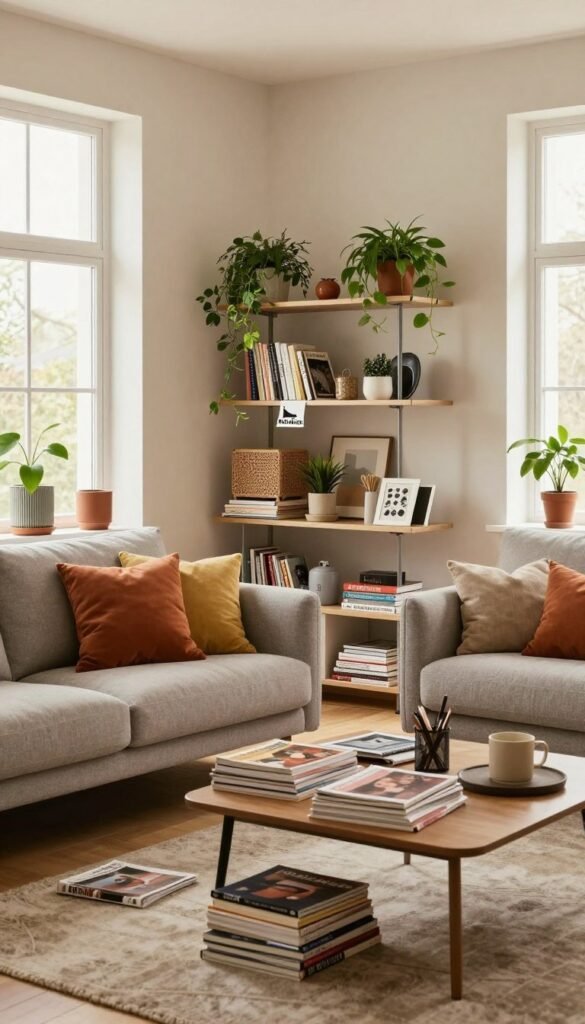 A cozy, modern living room showcasing common space-wasting furniture. In the foreground, a stylish, overstuffed sofa with vibrant throw pillows, complemented by a small, cluttered coffee table filled with magazines and personal items. In the middle, a sleek, minimalist shelving unit displaying plants and decorative pieces, with some items awkwardly jutting out, creating a sense of overcrowding. In the background, large windows bring in warm, natural light, illuminating the soft wood floors and neutral-colored walls. The atmosphere is inviting yet slightly chaotic, embodying the feeling of limited space. Incorporate a subtle touch of the brand "WohnKiste" through stylish home decor elements, emphasizing practicality and aesthetic appeal. The overall color palette should be warm and harmonious.