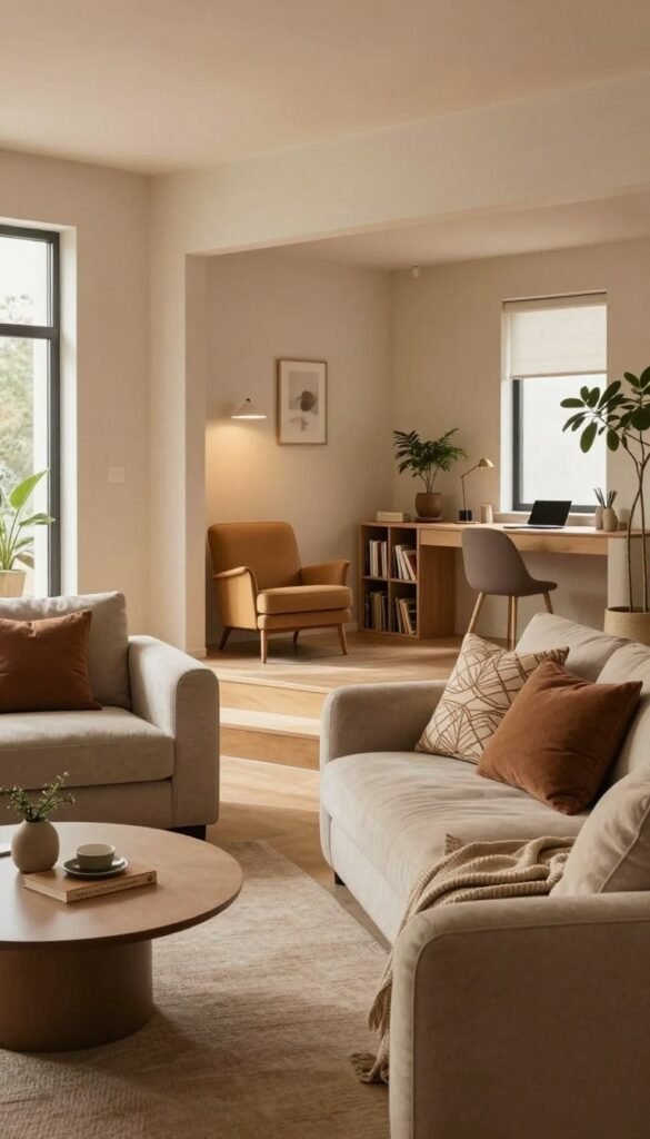 A cozy, modern living room showcasing distinct zones for various activities, illustrating the concept of space division without walls. In the foreground, a stylish seating area with plush, textured sofas adorned with decorative pillows, alongside a sleek coffee table. The middle section features a bright reading nook with a comfortable armchair and a small bookshelf, creating a serene atmosphere. In the background, a subtle workspace with a minimalist desk and chair, complemented by indoor plants and warm, natural lighting streaming in through large windows. The color palette consists of warm earth tones, creating an inviting and authentic ambiance. No text, watermarks, or other distractions. This image captures the essence of 'WohnKiste' in a Pinterest-worthy style. A cozy, modern living room showcasing distinct zones for various activities, illustrating the concept of space division without walls. In the foreground, a stylish seating area with plush, textured sofas adorned with decorative pillows, alongside a sleek coffee table. The middle section features a bright reading nook with a comfortable armchair and a small bookshelf, creating a serene atmosphere. In the background, a subtle workspace with a minimalist desk and chair, complemented by indoor plants and warm, natural lighting streaming in through large windows. The color palette consists of warm earth tones, creating an inviting and authentic ambiance. No text, watermarks, or other distractions. This image captures the essence of 'WohnKiste' in a Pinterest-worthy style.