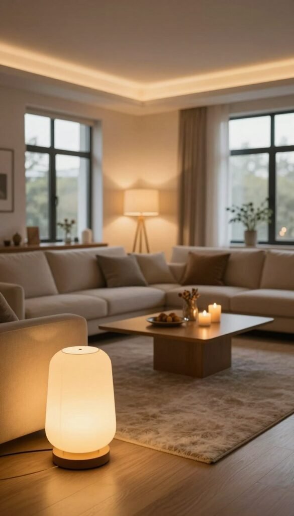 A cozy, modern living room showcasing effective light planning with multiple unique light sources. In the foreground, a stylish floor lamp emits warm, inviting light, illuminating a plush area rug. The middle ground features a chic coffee table adorned with candles and decorative accents, while soft, ambient recessed lighting above creates a soothing atmosphere. In the background, large windows allow natural light to stream in, accentuating the harmonious mix of light. The color palette includes warm tones and natural materials to enhance the inviting mood. The overall atmosphere is authentically Pinterest-worthy, reflecting a balance between functionality and aesthetic appeal. This scene embodies the essence of "WohnKiste", illustrating the concept of thoughtful lighting design.