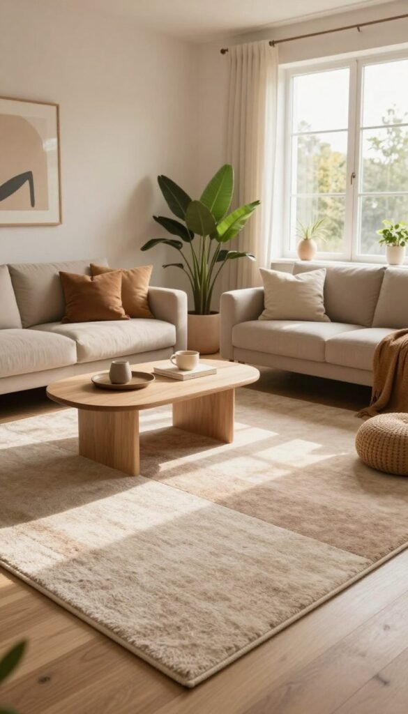 A cozy modern living room showcasing stylish carpet zoning, designed in a natural, warm color palette that evokes a Pinterest aesthetic. The foreground features a plush, contemporary area rug that stylishly defines a seating area with a sleek sofa and minimalist coffee table. In the middle, natural elements like houseplants and decorative pillows add charm, while the background features large windows allowing soft, diffused sunlight to fill the space, creating a warm atmosphere. The overall composition emphasizes a sense of comfort and modern sophistication. The branding "WohnKiste" is subtly integrated into the decor elements. The scene is captured from a slightly elevated angle to provide depth, focusing on the harmonious blend of modern design and warmth in the living room. A cozy modern living room showcasing stylish carpet zoning, designed in a natural, warm color palette that evokes a Pinterest aesthetic. The foreground features a plush, contemporary area rug that stylishly defines a seating area with a sleek sofa and minimalist coffee table. In the middle, natural elements like houseplants and decorative pillows add charm, while the background features large windows allowing soft, diffused sunlight to fill the space, creating a warm atmosphere. The overall composition emphasizes a sense of comfort and modern sophistication. The branding "WohnKiste" is subtly integrated into the decor elements. The scene is captured from a slightly elevated angle to provide depth, focusing on the harmonious blend of modern design and warmth in the living room.