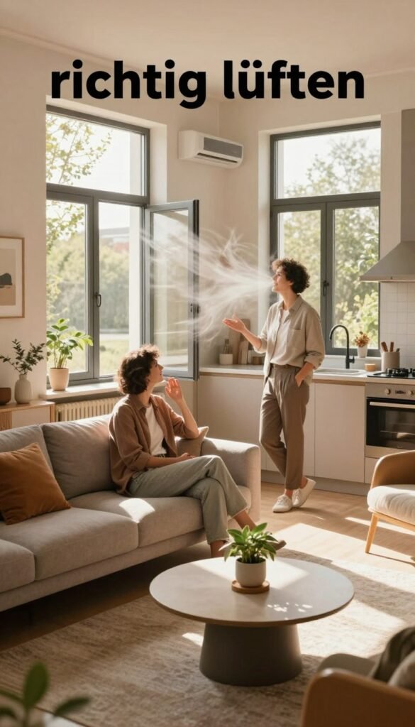 A cozy, modern living room showing the concept of "richtig lüften" with large windows opened wide to let in fresh air. In the foreground, a neatly arranged sofa and a low coffee table with a small houseplant. In the middle, a couple dressed in professional casual attire discussing the benefits of ventilation while enjoying the fresh breeze that flows in. Sunlight filters through the windows, casting warm, inviting light across the room, highlighting soft textures and warm colors typical of a Pinterest aesthetic. The background features an airy kitchen with stylish elements, enhancing the atmosphere of comfort and tranquility. The overall mood is relaxed and inviting, emphasizing the importance of proper ventilation for a healthier living space. The brand name "WohnKiste" is subtly reflected in the decor elements.