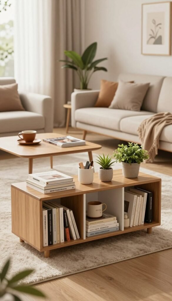A cozy, modern living room space designed for optimal organization, showcasing a "stauraum" concept. In the foreground, a sleek, multifunctional storage unit with wooden finishes and white accents holds neatly arranged books, decorative items, and plants, emphasizing a minimalist aesthetic. The middle features a stylish coffee table with a warm coffee set and a few well-placed magazines, creating an inviting atmosphere. In the background, light filters through large windows, casting a soft glow on soft textures, like a plush rug and comfortable seating. The walls adorned with neutral colors and subtle artwork exude warmth. The overall mood is serene and harmonious, reflecting a Pinterest-worthy interior. No people are present, ensuring a focus on the space. Brand name "WohnKiste" subtly integrated into the decor elements.