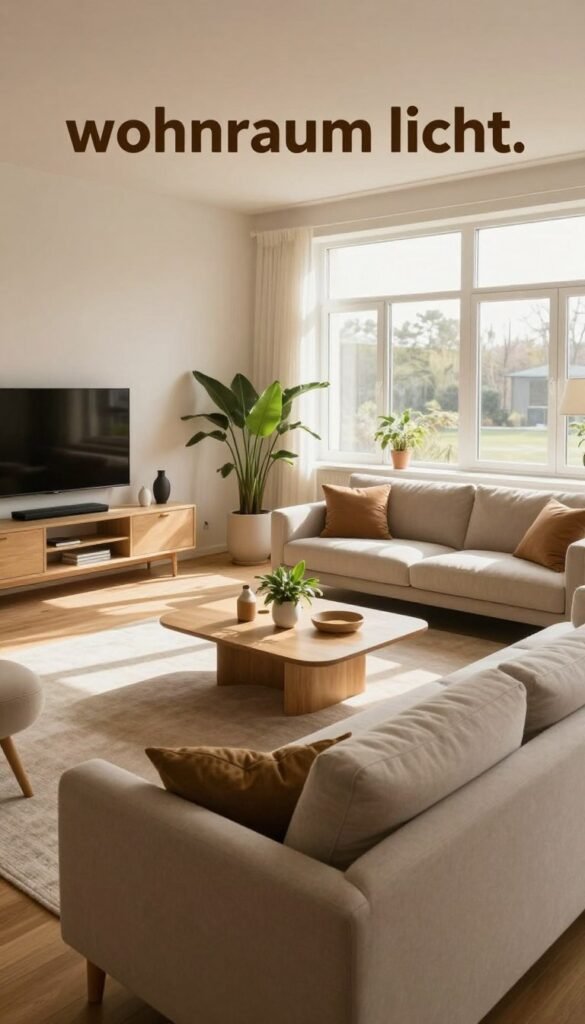A cozy, modern living room that reflects the concept of "wohnraum licht," with warm, natural colors and a Pinterest-inspired aesthetic. In the foreground, an inviting sofa surrounded by minimalist furniture, strategically placed to enhance functionality. The middle ground features a stylish coffee table adorned with plants and decorative items, promoting an airy feel. Large windows in the background invite abundant natural light, casting soft shadows across the space. Use a wide-angle lens to capture the flowing layout of the room while showing the harmony between furniture and lighting. The overall atmosphere should be calm and welcoming, symbolizing the balance between comfort and functionality in home design. Include subtle branding for "WohnKiste" in the decor for a cohesive look.