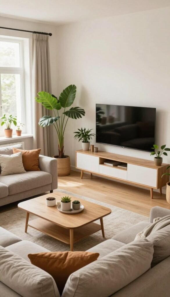 A cozy, modern living room that showcases functional layout ideas. In the foreground, a stylish coffee table is surrounded by an inviting sectional sofa adorned with soft cushions in warm tones. In the middle ground, a sleek entertainment unit contrasts with vibrant indoor plants, adding a touch of nature. The background features large windows letting in abundant natural light, highlighting the room's spaciousness. Subtle decor elements display a Pinterest-inspired aesthetic, emphasizing organized yet cozy arrangements. The overall mood is serene and inviting, designed for comfort and practicality. The image should feature a clean, well-maintained space, reflecting the brand "WohnKiste". Capture the scene with soft diffused lighting and a slightly elevated angle for depth. A cozy, modern living room that showcases functional layout ideas. In the foreground, a stylish coffee table is surrounded by an inviting sectional sofa adorned with soft cushions in warm tones. In the middle ground, a sleek entertainment unit contrasts with vibrant indoor plants, adding a touch of nature. The background features large windows letting in abundant natural light, highlighting the room's spaciousness. Subtle decor elements display a Pinterest-inspired aesthetic, emphasizing organized yet cozy arrangements. The overall mood is serene and inviting, designed for comfort and practicality. The image should feature a clean, well-maintained space, reflecting the brand "WohnKiste". Capture the scene with soft diffused lighting and a slightly elevated angle for depth.
