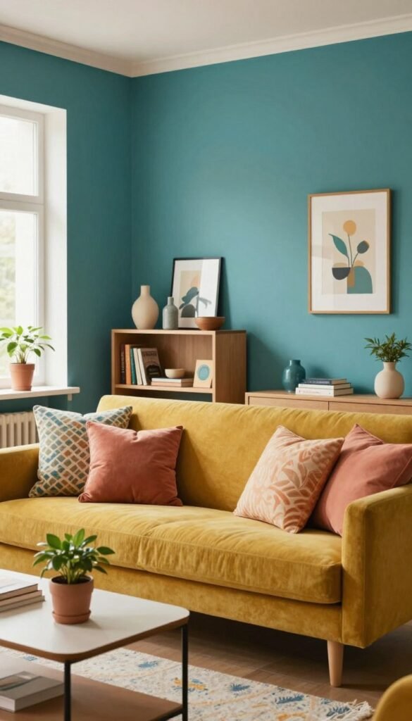 A cozy, modern living room with a vibrant color wall, emphasizing hues of teal, mustard yellow, and soft coral. In the foreground, a stylish, compact sofa adorned with patterned cushions sits alongside a sleek coffee table displaying a small potted plant. The middle ground features a tastefully arranged bookshelf with decorative items and art books. In the background, a window allows warm, natural light to flood the space, highlighting the textural details of the walls. The atmosphere is inviting and cheerful, perfect for small spaces. The overall style is authentic with a Pinterest inspiration, reflecting innovative decorating ideas. Ensure the image is professional and free from any text, logos, or watermarks, while subtly showcasing the brand “WohnKiste”.