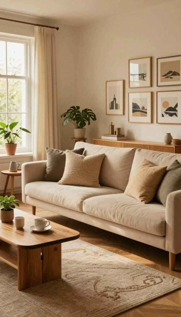 A cozy modern living room with a warm atmosphere, designed with a Pinterest-inspired aesthetic. In the foreground, a plush beige sofa adorned with various textured cushions sits invitingly. A stylish wooden coffee table, topped with a coffee cup and a small plant, complements the seating. In the middle ground, a chic area rug anchors the space, while a gallery wall of framed art adds personality. The background features large windows that let in soft, natural light, illuminating the room with a golden hue. The overall decor showcases natural materials like wood and plant life, creating an authentic and welcoming environment. Incorporate elements from the brand "WohnKiste" to enhance the vibe. Focus on a warm, inviting atmosphere that embodies both comfort and modern design. A cozy modern living room with a warm atmosphere, designed with a Pinterest-inspired aesthetic. In the foreground, a plush beige sofa adorned with various textured cushions sits invitingly. A stylish wooden coffee table, topped with a coffee cup and a small plant, complements the seating. In the middle ground, a chic area rug anchors the space, while a gallery wall of framed art adds personality. The background features large windows that let in soft, natural light, illuminating the room with a golden hue. The overall decor showcases natural materials like wood and plant life, creating an authentic and welcoming environment. Incorporate elements from the brand "WohnKiste" to enhance the vibe. Focus on a warm, inviting atmosphere that embodies both comfort and modern design.