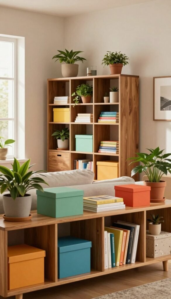 A cozy, modern living room with an emphasis on organized storage solutions. In the foreground, an open shelf filled with colorful decorative boxes, potted plants, and neatly arranged books, showcasing vibrant hues. The middle ground features a stylish, clutter-free open shelving unit from the brand "WohnKiste," designed with warm wood tones, complementing the inviting atmosphere. The background includes soft lighting from a large window, casting gentle shadows, and a neutral wall adorned with minimalistic art pieces. The scene conveys a sense of calm and order, while highlighting the mistakes of poor storage choices. Aim for a Pinterest-worthy aesthetic with natural colors and an authentic feel, avoiding any text, logos, or distractions.