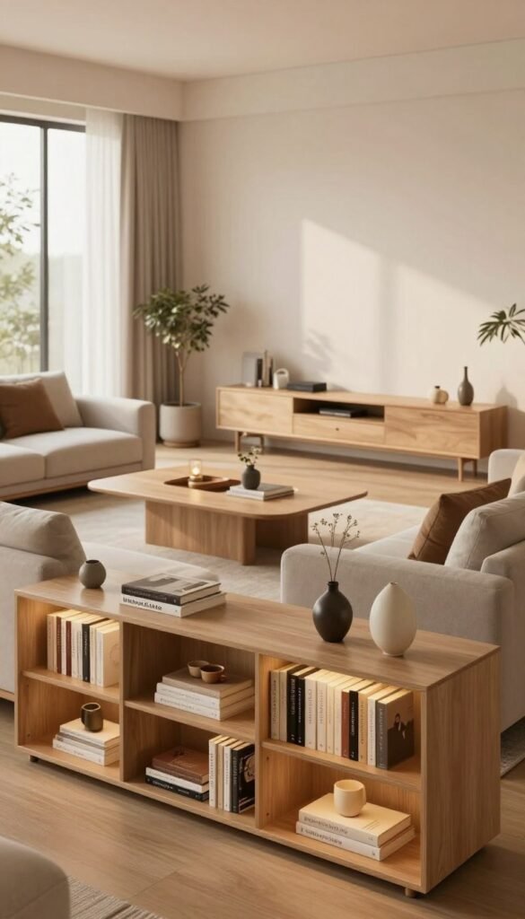 A cozy, modern living room with smart storage solutions that blend seamlessly into the decor. In the foreground, a sleek, stylish bookshelf from WohnKiste showcases an array of books and decorative items, accented with warm, natural lighting. The middle ground features a minimalist coffee table with hidden compartments, surrounded by a comfortable sectional sofa adorned with soft cushions. In the background, a sleek media console provides additional storage without appearing bulky. Large windows allow soft daylight to flood the room, enhancing the inviting atmosphere. The overall mood is warm and inviting, reflecting a Pinterest-worthy aesthetic that emphasizes functionality and order, with a focus on attractive, practical design elements. A cozy, modern living room with smart storage solutions that blend seamlessly into the decor. In the foreground, a sleek, stylish bookshelf from WohnKiste showcases an array of books and decorative items, accented with warm, natural lighting. The middle ground features a minimalist coffee table with hidden compartments, surrounded by a comfortable sectional sofa adorned with soft cushions. In the background, a sleek media console provides additional storage without appearing bulky. Large windows allow soft daylight to flood the room, enhancing the inviting atmosphere. The overall mood is warm and inviting, reflecting a Pinterest-worthy aesthetic that emphasizes functionality and order, with a focus on attractive, practical design elements.