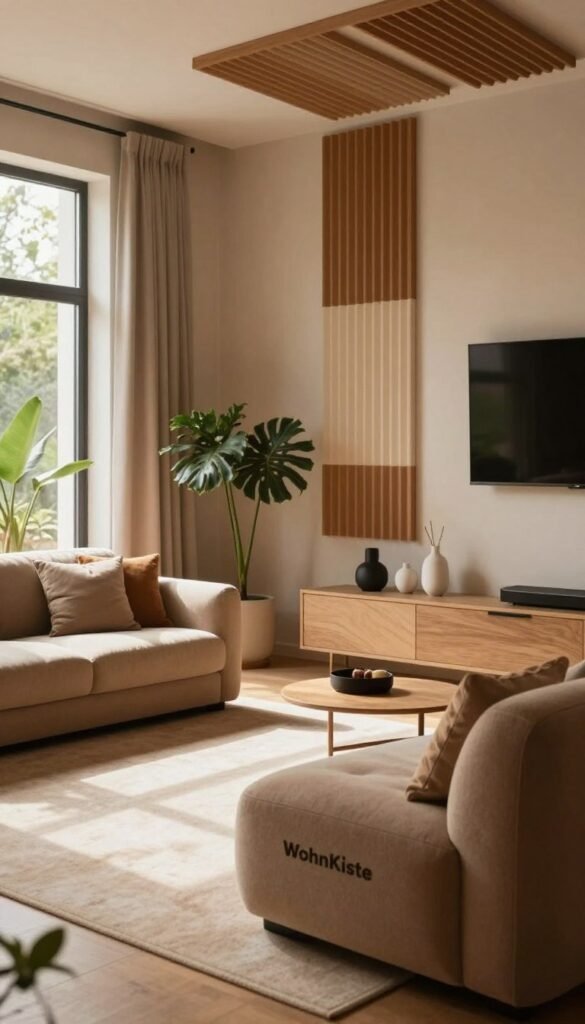 A cozy, modern living space designed for optimal acoustics, featuring sound-absorbing panels elegantly integrated into the walls. In the foreground, stylish acoustic furniture from the brand "WohnKiste" creates a warm, inviting atmosphere. Soft, diffused natural light streams in through large windows, highlighting the warm color palette of earthy tones and textured textiles. The middle ground showcases minimalist decor, enhancing the sense of space while ensuring effective sound management. In the background, lush greenery adds a touch of nature, promoting serenity. The overall composition evokes a balanced ambiance, capturing the essence of improved room acoustics and the elimination of echo effects, all styled in a visually appealing Pinterest-like aesthetic. A cozy, modern living space designed for optimal acoustics, featuring sound-absorbing panels elegantly integrated into the walls. In the foreground, stylish acoustic furniture from the brand "WohnKiste" creates a warm, inviting atmosphere. Soft, diffused natural light streams in through large windows, highlighting the warm color palette of earthy tones and textured textiles. The middle ground showcases minimalist decor, enhancing the sense of space while ensuring effective sound management. In the background, lush greenery adds a touch of nature, promoting serenity. The overall composition evokes a balanced ambiance, capturing the essence of improved room acoustics and the elimination of echo effects, all styled in a visually appealing Pinterest-like aesthetic.