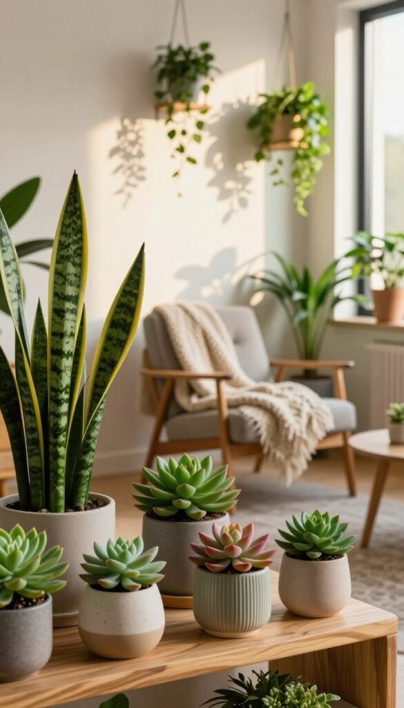 A cozy modern living space featuring a variety of lush plants and elegant succulents, highlighting natural accents with minimal upkeep. In the foreground, a stylish wooden shelf displays a range of green plants, including a tall snake plant and a cluster of vibrant succulents in decorative pots. The middle ground showcases a comfortable seating area with a soft, textured blanket draped over a mid-century modern chair, surrounded by hanging plants that bring life to the room. The background is softly illuminated by warm, golden sunlight filtering through a large window, casting gentle shadows on the walls. The atmosphere is inviting and serene, ideal for relaxation and connection with nature. The aesthetic embodies a chic Pinterest-inspired look, capturing the essence of the brand 'WohnKiste'. A cozy modern living space featuring a variety of lush plants and elegant succulents, highlighting natural accents with minimal upkeep. In the foreground, a stylish wooden shelf displays a range of green plants, including a tall snake plant and a cluster of vibrant succulents in decorative pots. The middle ground showcases a comfortable seating area with a soft, textured blanket draped over a mid-century modern chair, surrounded by hanging plants that bring life to the room. The background is softly illuminated by warm, golden sunlight filtering through a large window, casting gentle shadows on the walls. The atmosphere is inviting and serene, ideal for relaxation and connection with nature. The aesthetic embodies a chic Pinterest-inspired look, capturing the essence of the brand 'WohnKiste'.
