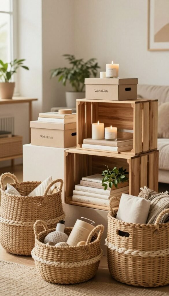 A cozy, modern living space featuring beautifully arranged storage baskets and boxes from the brand "WohnKiste". In the foreground, a variety of woven baskets with natural textures, some filled with decorative items like throws and plants. In the middle, stylish wooden storage crates, artistically stacked and adorned with accents like candles and books, creating an organized yet inviting atmosphere. The background reveals a warm, sunlit room with soft, neutral walls and a hint of greenery from houseplants. The lighting is soft and natural, creating a welcoming ambiance, with a depth of field that softly blurs the background to emphasize the details in the storage solutions. The overall mood is warm, inviting, and aesthetically pleasing, embodying a Pinterest-inspired decor look. A cozy, modern living space featuring beautifully arranged storage baskets and boxes from the brand "WohnKiste". In the foreground, a variety of woven baskets with natural textures, some filled with decorative items like throws and plants. In the middle, stylish wooden storage crates, artistically stacked and adorned with accents like candles and books, creating an organized yet inviting atmosphere. The background reveals a warm, sunlit room with soft, neutral walls and a hint of greenery from houseplants. The lighting is soft and natural, creating a welcoming ambiance, with a depth of field that softly blurs the background to emphasize the details in the storage solutions. The overall mood is warm, inviting, and aesthetically pleasing, embodying a Pinterest-inspired decor look.