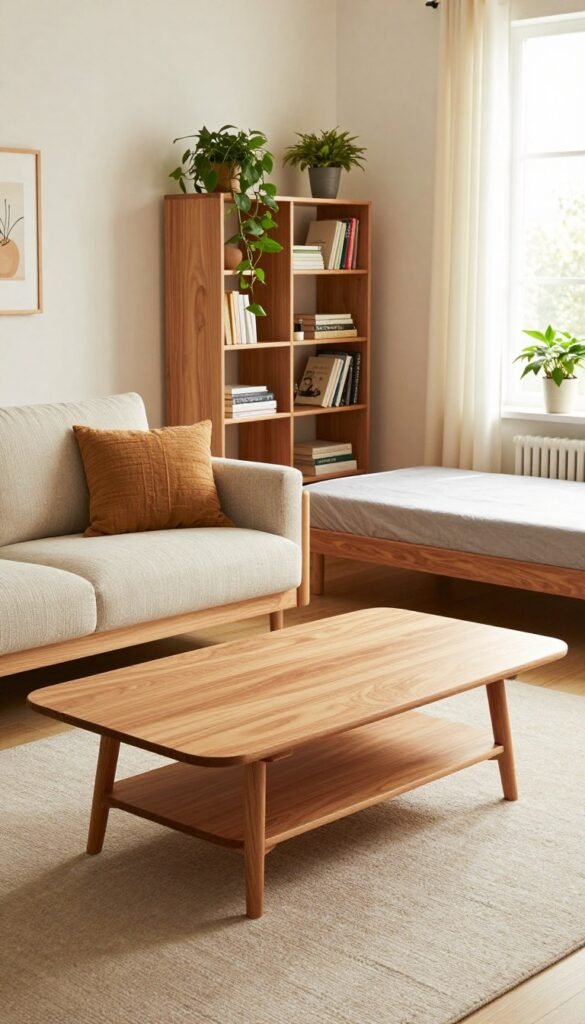 A cozy, modern living space featuring space-saving furniture from the brand "WohnKiste". In the foreground, a sleek, multifunctional coffee table that transforms into a dining table, showcasing a minimalist design with warm wood tones. To the side, a stylish sofa bed with soft, textured cushions in neutral colors. In the middle of the room, smart shelving units that double as room dividers, filled with plants and books for a vibrant touch. The background shows a sunlit window with soft curtains, enhancing the natural light. The atmosphere is inviting and practical, capturing a Pinterest-worthy aesthetic with warm colors. The lens is set to a wide angle, creating a sense of openness and functionality without any text or distractions. A cozy, modern living space featuring space-saving furniture from the brand "WohnKiste". In the foreground, a sleek, multifunctional coffee table that transforms into a dining table, showcasing a minimalist design with warm wood tones. To the side, a stylish sofa bed with soft, textured cushions in neutral colors. In the middle of the room, smart shelving units that double as room dividers, filled with plants and books for a vibrant touch. The background shows a sunlit window with soft curtains, enhancing the natural light. The atmosphere is inviting and practical, capturing a Pinterest-worthy aesthetic with warm colors. The lens is set to a wide angle, creating a sense of openness and functionality without any text or distractions.