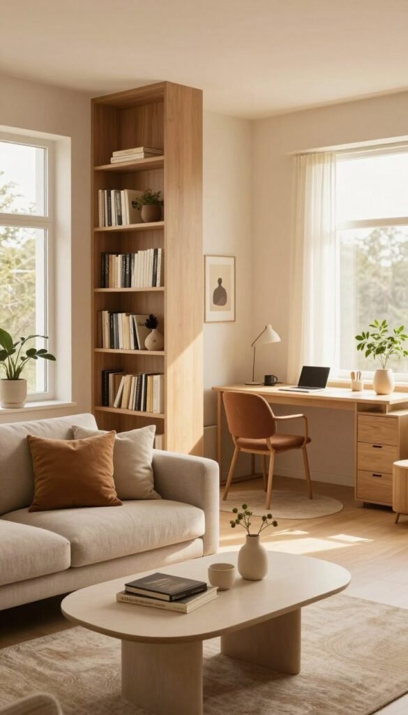 A cozy, modern living space organized into functional zones that balance style and practicality. The foreground features a bright and airy area with a comfortable sofa adorned with soft throw pillows and a stylish coffee table. In the middle, a sleek bookshelf serves as a room divider, separating the living area from a small home office nook, where a desk is neatly arranged with minimalistic decor and greenery. The background shows large windows allowing warm, natural light to flood the room, enhancing the inviting atmosphere with a soft glow. The overall color palette consists of warm earth tones, creating a Pinterest-inspired aesthetic. The brand "WohnKiste" is subtly integrated into the scene through decor elements, ensuring an authentic and harmonious visual experience without any text.
