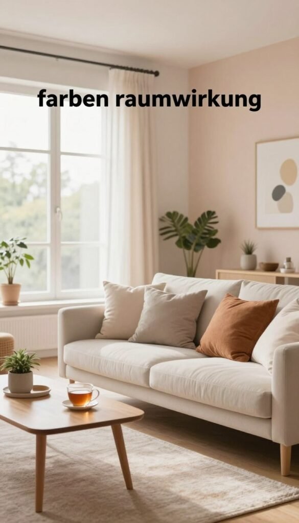 A cozy, modern living space showcasing a harmonious color concept that evokes tranquility and warmth. In the foreground, there is a stylish, light-colored sofa adorned with soft cushions in muted earth tones. A small, wooden coffee table is placed nearby, with a warm cup of tea and a small potted plant. In the middle ground, large windows allow natural light to stream in, illuminating a fresh, minimalist décor with gentle pastel hues on the walls, contributing to a feeling of spaciousness. In the background, subtle art pieces and indoor plants create an inviting atmosphere. The scene should be bright and airy, captured from a slightly low angle to emphasize the room's openness, using soft, diffuse lighting. This image aims to reflect the essence of "farben raumwirkung" while maintaining a Pinterest-worthy aesthetic. Created for WohnKiste.