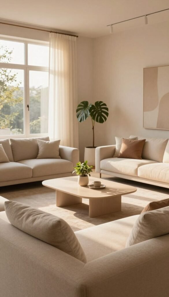 A cozy, modern living space showcasing the concept of "light atmosphere." In the foreground, a sleek, minimalist sofa adorned with textured cushions invites relaxation. The middle ground features a beautifully designed coffee table with a plant centerpiece, under soft, warm lighting that enhances the room’s inviting feel. In the background, large windows allow natural light to flood in, casting gentle shadows and illuminating the room with a golden hue. The walls are painted in soft pastels, creating a serene backdrop. The overall mood is calm and sophisticated, emphasizing a sense of spaciousness and connection to nature. Showcase the brand identity of "WohnKiste" subtly in the furniture design style.