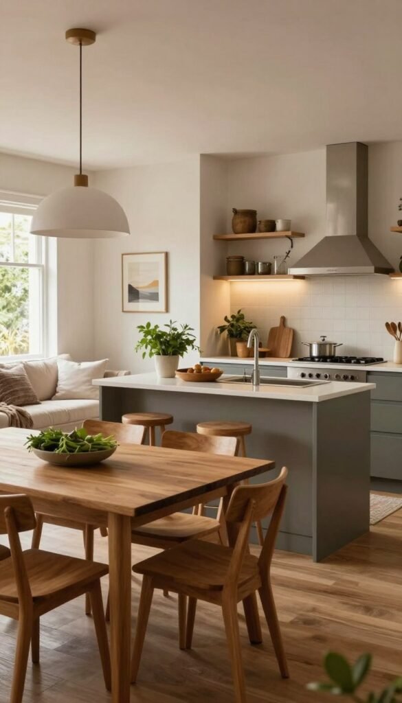 A cozy, modern open kitchen seamlessly integrated with a dining and living area, showcasing a harmonious blend of functionality and style. In the foreground, elegant wooden dining furniture complements the warm, inviting ambiance. The middle ground features a sleek kitchen island with contemporary appliances, adorned with fresh herbs and rustic kitchenware. In the background, a comfortable living space with soft textiles and warm lighting creates an inviting atmosphere. Natural light pours in through large windows, highlighting the textures and colors of the space. The mood is relaxed and welcoming, embodying a Pinterest-inspired aesthetic. The brand name "WohnKiste" subtly incorporated into the scene, enhancing the authentic feel without any text overlays.