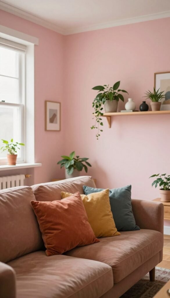 A cozy, modern room showcasing the dynamic effect of colors on space. In the foreground, a stylish sofa in a warm, muted tone contrasts with vibrant throw pillows. The middle ground features walls painted in varying shades of soft pastels, creating an inviting atmosphere. A large window lets in natural light, illuminating the room, enhancing the colors' warmth. In the background, a cleverly arranged shelf adorned with plants and decorative items adds depth and interest to the scene. The overall composition has a Pinterest-inspired aesthetic, emphasizing authenticity and harmony. The image should evoke a sense of calm and creativity, focusing on how color can transform room perception. No text or branding visible; the ambiance should reflect a stylish, uplifting space by Wohnkiste.