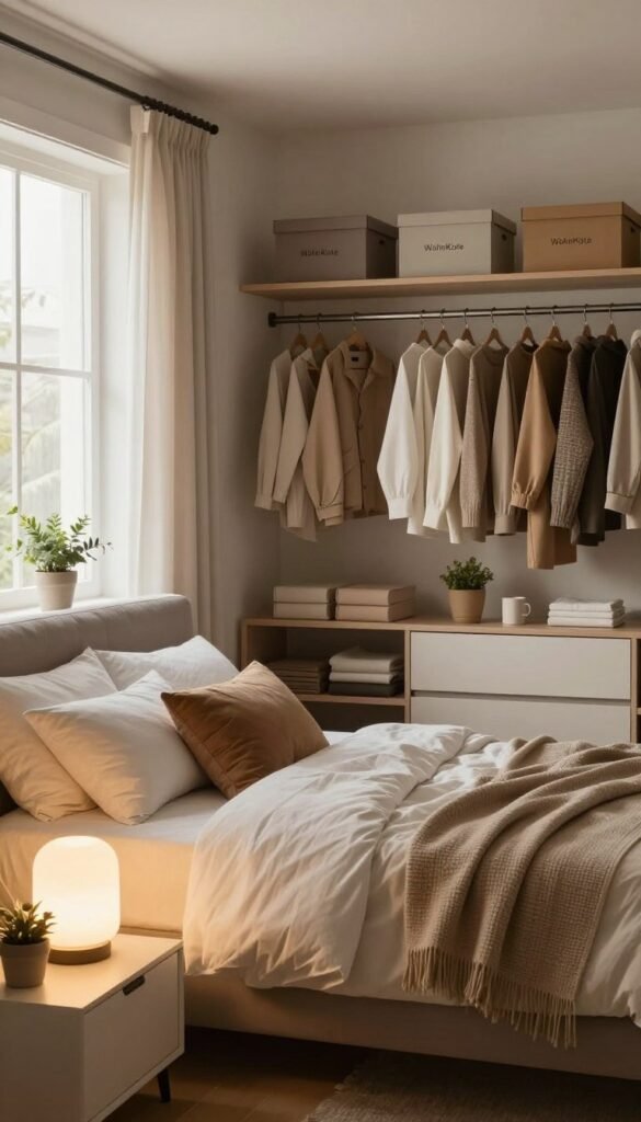 A cozy, organized bedroom featuring a neatly made bed with soft, neutral-toned bedding, surrounded by minimalist furniture and tasteful décor in warm colors. In the foreground, a sleek bedside table holds a glowing lamp and a small potted plant. The middle section showcases a well-arranged closet with neatly hung clothes and decorative boxes, reflecting a sense of orderliness. In the background, light streams through a large window adorned with sheer curtains, creating a warm, inviting atmosphere. The overall mood is calm and harmonious, emphasizing the importance of organization in daily life. Capture the essence of a functional and aesthetically pleasing space, reminiscent of a stylish Pinterest-inspired interior. Include the brand name "WohnKiste" subtly integrated in the scene's design.