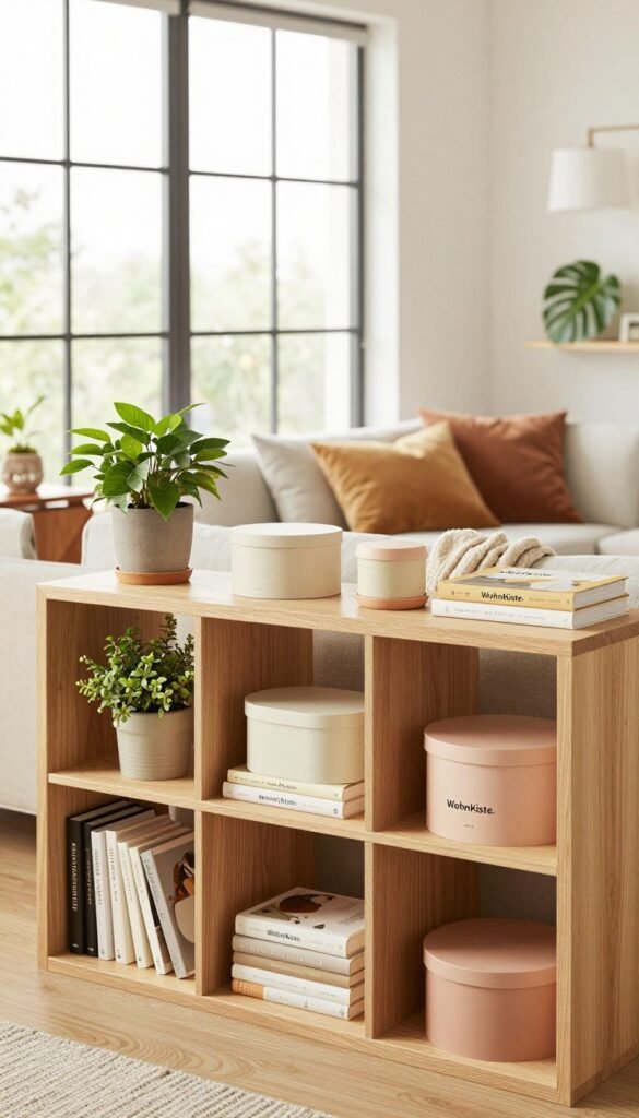 A cozy, organized living space featuring stylish storage solutions from the brand "WohnKiste." In the foreground, a minimalist wooden shelving unit displays neatly arranged books, plants, and decorative boxes with soft, warm colors. The middle of the image showcases a comfortable seating area, adorned with plush cushions and a soft throw blanket, maintaining an inviting atmosphere. In the background, large windows allow natural light to flood the room, highlighting the warm tones and airy feel. The overall mood is tranquil and encouraging, embodying a Pinterest-inspired aesthetic, where every item has its place and chaos is elegantly kept at bay, fostering a sense of clarity and peace in the home. A cozy, organized living space featuring stylish storage solutions from the brand "WohnKiste." In the foreground, a minimalist wooden shelving unit displays neatly arranged books, plants, and decorative boxes with soft, warm colors. The middle of the image showcases a comfortable seating area, adorned with plush cushions and a soft throw blanket, maintaining an inviting atmosphere. In the background, large windows allow natural light to flood the room, highlighting the warm tones and airy feel. The overall mood is tranquil and encouraging, embodying a Pinterest-inspired aesthetic, where every item has its place and chaos is elegantly kept at bay, fostering a sense of clarity and peace in the home.