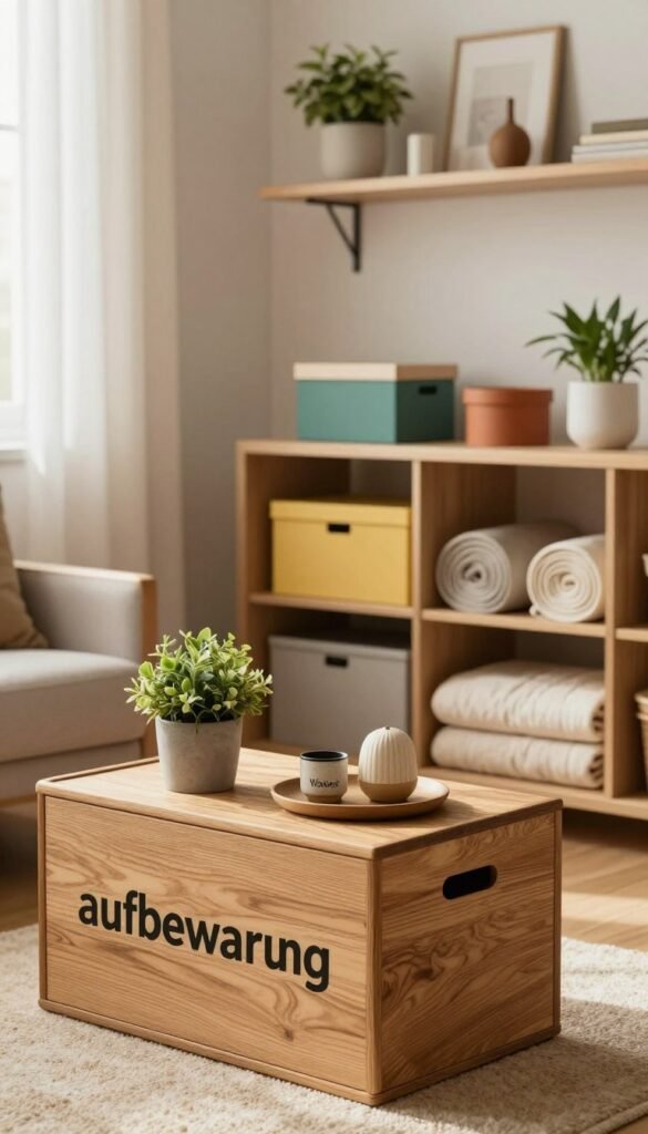 A cozy, organized living space featuring various stylish storage solutions that embody the concept of "aufbewahrung" by WohnKiste. In the foreground, there's a beautifully designed wooden storage box with a textured finish, adorned with potted plants and decorative items, demonstrating a clean yet inviting atmosphere. The middle ground showcases well-arranged shelves with minimalist decor items, colorful boxes, and neatly rolled textiles, emphasizing the balance between aesthetics and function. The background includes soft natural light flowing through a window with sheer curtains, illuminating warm tones in the room. The overall mood is serene, reflecting the importance of organization amidst beauty, with a Pinterest-inspired touch. The scene captures an authentic ambiance without any text or distractions. A cozy, organized living space featuring various stylish storage solutions that embody the concept of "aufbewahrung" by WohnKiste. In the foreground, there's a beautifully designed wooden storage box with a textured finish, adorned with potted plants and decorative items, demonstrating a clean yet inviting atmosphere. The middle ground showcases well-arranged shelves with minimalist decor items, colorful boxes, and neatly rolled textiles, emphasizing the balance between aesthetics and function. The background includes soft natural light flowing through a window with sheer curtains, illuminating warm tones in the room. The overall mood is serene, reflecting the importance of organization amidst beauty, with a Pinterest-inspired touch. The scene captures an authentic ambiance without any text or distractions.