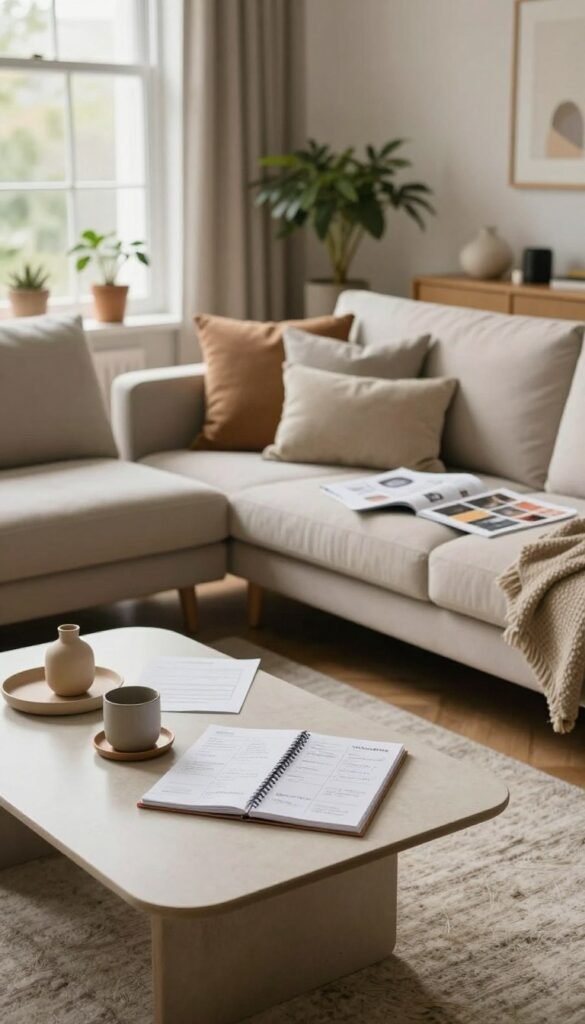 A cozy, professionally designed living space that highlights the challenges of everyday room planning. In the foreground, a stylish, minimalist coffee table adorned with a few decorative items and a planner, suggesting the struggle of organizing ideas. In the middle, an elegant sofa set with soft, warm cushions and an inviting rug, representing comfort but also chaos with scattered papers and design magazines. In the background, a large window with natural light flooding in, showing plants and muted colors for a serene atmosphere. The mood is reflective and slightly frustrated, capturing the essence of failed room design. Lens: 35mm, angle: eye level, lighting: soft natural light. The image embodies a Pinterest aesthetic, authentic and warm, with the brand "WohnKiste" subtly integrated into the scene.