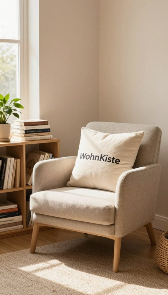 A cozy reading nook and lounge area designed to evoke a sense of warmth and relaxation, featuring a comfortable modern armchair and a plush reading pillow. The corner is adorned with a small wooden bookshelf stacked with various books and a few decorative plants. The lighting is soft and warm, creating an inviting atmosphere, with sunlight filtering in through a nearby window. The background includes soft pastel-colored walls and a textured area rug to enhance the room’s charm. The scene is styled in a Pinterest-inspired aesthetic, focusing on authenticity and a natural look, showcasing the brand WohnKiste. The overall mood is tranquil, perfect for creating a personal retreat that promotes comfort and leisure.