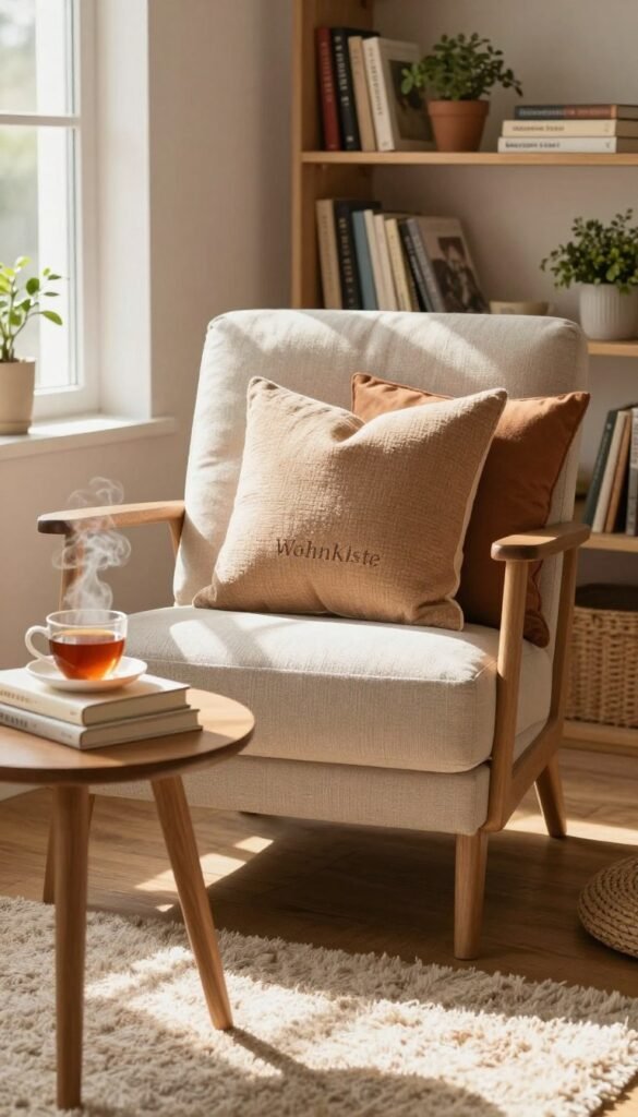 A cozy reading nook featuring a comfortable chair adorned with soft, textured throw pillows in warm, earthy tones. The chair is positioned beside a small wooden side table that holds a steaming cup of tea and a stack of inviting books. In the background, a softly lit bookshelf filled with various novels and decorative plants creates a serene atmosphere. Natural sunlight filters through a nearby window, casting gentle shadows across the room, enhancing the inviting ambiance. The flooring is a rich wooden surface, complemented by a plush area rug that adds warmth. The overall scene embodies a Pinterest-inspired aesthetic, emphasizing comfort and relaxation, perfect for unwinding. Brand name "WohnKiste" subtly incorporated into the design.