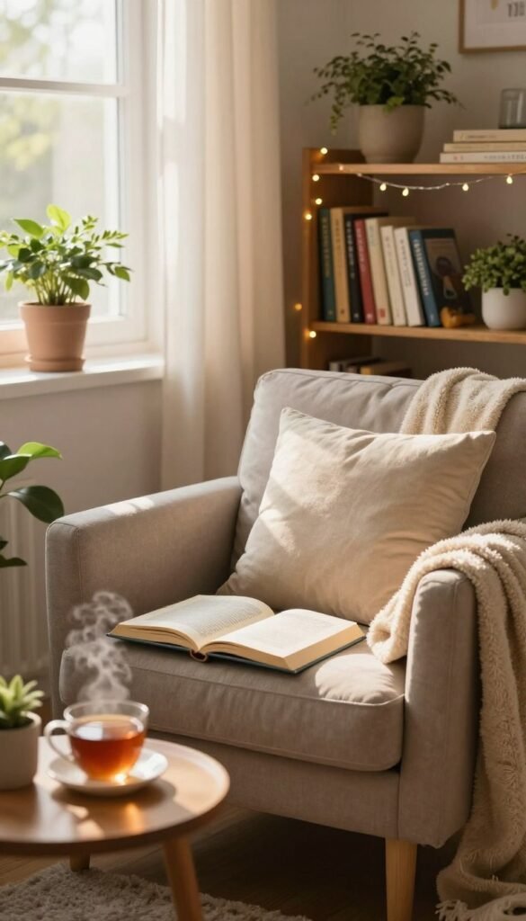 A cozy reading nook in a home setting, featuring a comfortable armchair with soft cushions and a plush throw blanket draped over it. In the foreground, a small side table holds a steaming cup of tea and an open book. The middle layer includes a wooden bookshelf filled with colorful books and decorative plants, while fairy lights add a whimsical touch. The background shows a window with sheer curtains, through which warm, soft sunlight streams, creating a tranquil ambiance. The color palette is warm and inviting, with earthy tones and natural textures, reflecting a Pinterest-inspired aesthetic. The scene should evoke a sense of relaxation and comfort, perfect for unwinding with a good book. Include a small logo on the side labeled "WohnKiste."