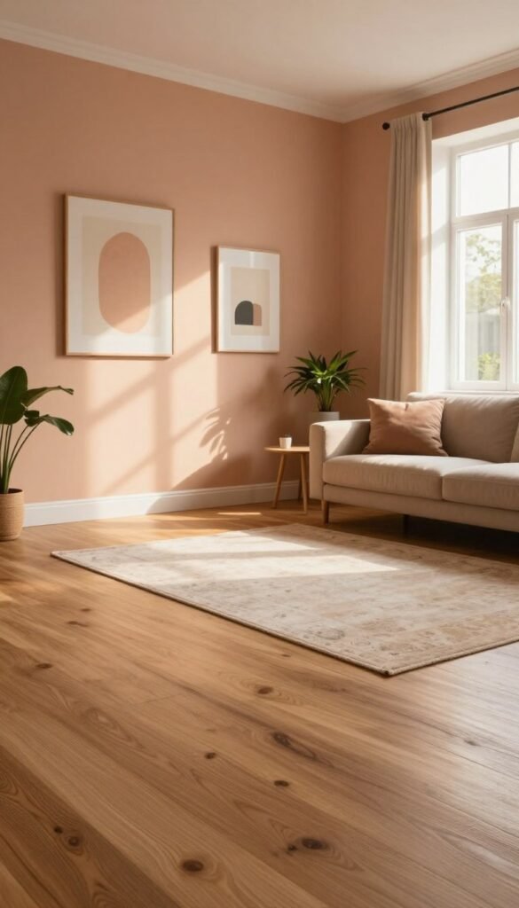 A cozy room showcasing harmonious interior design, emphasizing the interplay of flooring, walls, and overall atmosphere. The foreground features a wooden floor with natural textures, and a large, softly patterned rug. The middle layer includes elegantly painted walls in soft, warm tones, adorned with minimalist art that enhances tranquility. In the background, large windows allow warm sunlight to stream in, casting gentle shadows that create depth. The lighting is soft and inviting, enhancing the room's peaceful vibe. Elements like a modern sofa with plush cushions and a touch of greenery from potted plants add to the warmth. The overall mood is serene and stylish, reflecting the aesthetic of WohnKiste, presented without any text or overlays.