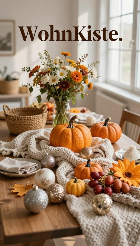 A cozy seasonal decor scene featuring a beautifully arranged table showcasing various decorative items for different seasons, reflecting the theme "WohnKiste." In the foreground, a collection of stylish low, mid, and high-priced decor pieces, such as a pumpkin centerpiece for autumn, fresh flowers for spring, glittering ornaments for winter, and vibrant summer accents. In the middle, soft textures like knit blankets and woven baskets add warmth. The background reveals a softly lit room with large windows, allowing natural light to filter in, casting gentle shadows. The mood is inviting and inspiring, using a warm color palette that emphasizes authenticity, with Pinterest-worthy styling. Capture the scene from a slightly elevated angle to enhance the depth and detail while ensuring there are no text overlays or distractions.
