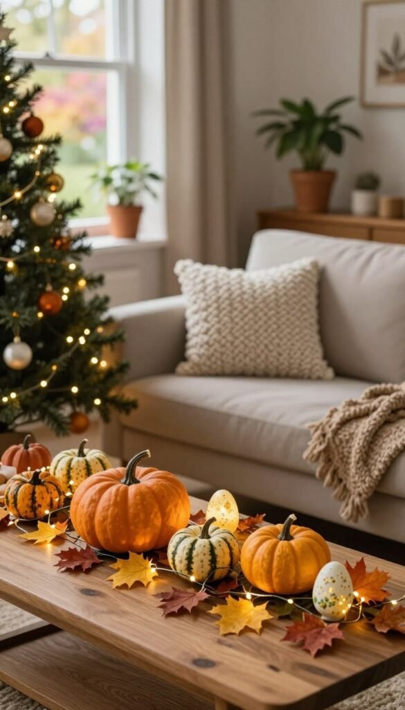A cozy seasonal decor scene set in a warmly lit living room. In the foreground, a beautifully arranged wooden table displays decorations for autumn, Christmas, and Easter. Include vibrant pumpkins and autumn leaves alongside twinkling fairy lights and a small Christmas tree adorned with ornaments. In the middle ground, a stylish couch draped with a knitted throw pillow invites relaxation, flanked by potted plants. The background features a softly illuminated window revealing a hint of a colorful garden, creating an inviting atmosphere. The overall color palette is warm, emphasizing natural hues. The image embodies a Pinterest-inspired aesthetic, showcasing authentic and seasonal decor ideas by WohnKiste.