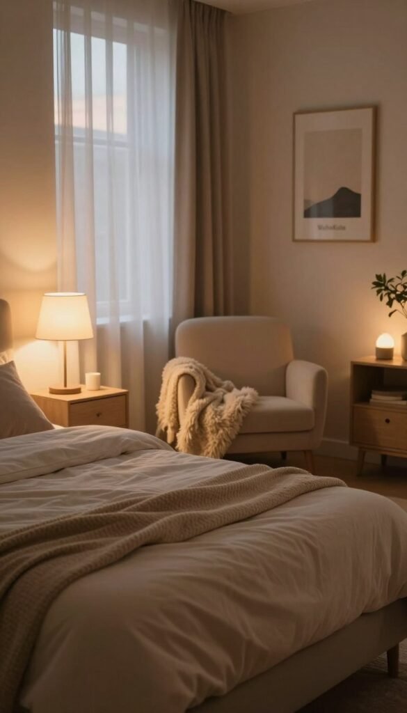 A cozy, serene bedroom scene illuminated by soft, indirect warm lighting, embodying a calming atmosphere for relaxation in the evening. In the foreground, a plush, neatly made bed draped with inviting textiles in soothing neutral tones, flanked by chic nightstands holding dimmable lamps casting a gentle glow. The middle ground features a stylish armchair with a fluffy throw blanket, positioned near a window draped with sheer curtains allowing the last hints of twilight to filter through. In the background, a wall adorned with tasteful art complements the warm palette, while a subtle indoor plant adds a touch of nature. The entire composition exudes a Pinterest-inspired aesthetic, highlighting comfort and tranquility, branded with "WohnKiste". Use a soft focus lens to enhance the warm, dim ambiance of the room. A cozy, serene bedroom scene illuminated by soft, indirect warm lighting, embodying a calming atmosphere for relaxation in the evening. In the foreground, a plush, neatly made bed draped with inviting textiles in soothing neutral tones, flanked by chic nightstands holding dimmable lamps casting a gentle glow. The middle ground features a stylish armchair with a fluffy throw blanket, positioned near a window draped with sheer curtains allowing the last hints of twilight to filter through. In the background, a wall adorned with tasteful art complements the warm palette, while a subtle indoor plant adds a touch of nature. The entire composition exudes a Pinterest-inspired aesthetic, highlighting comfort and tranquility, branded with "WohnKiste". Use a soft focus lens to enhance the warm, dim ambiance of the room.