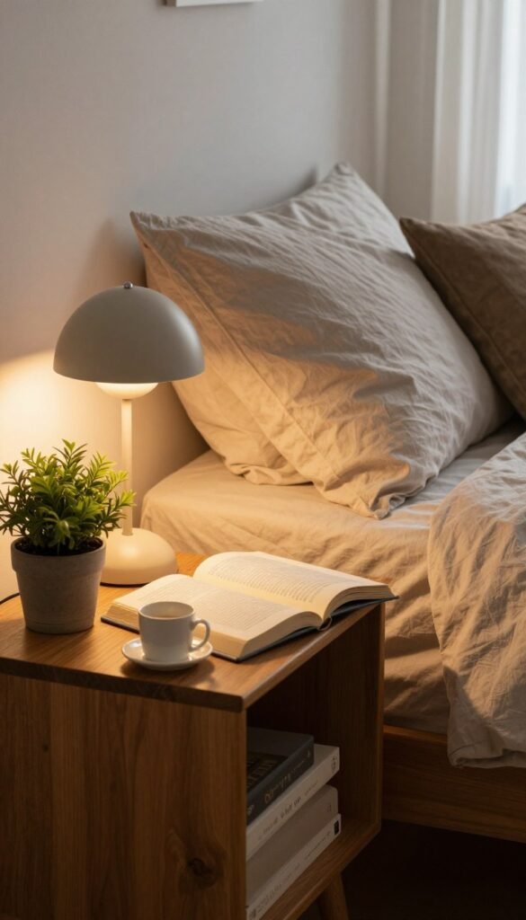 A cozy, slightly cluttered bedside table scene in a stylish bedroom, capturing the essence of a "chaos hotspot." The foreground showcases a wooden nightstand with various items: an open book, a bedside lamp casting warm, inviting light, a small potted plant, and a misplaced coffee cup. The middle section features a neatly made bed with soft, textured bedding in calming earth tones. In the background, a partially open curtain allows natural light to filter in, accentuating the warm atmosphere. The overall mood is one of casual comfort, with Pinterest-worthy aesthetics reflecting a lived-in yet stylish space. Emphasize natural colors and authenticity, and incorporate WohnKiste's design influence without any text or watermarks.
