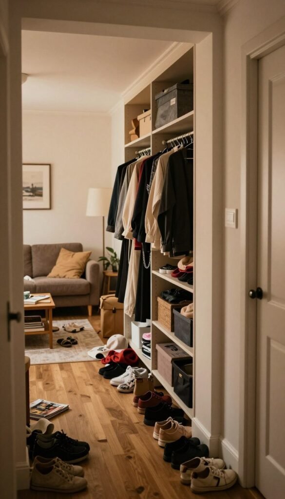 A cozy, slightly cluttered hallway leading into a living room with a large, overflowing wardrobe. In the foreground, soft lighting casts warm tones on scattered shoes and a couple of stray garments on the floor. The middle section showcases a stylish yet messy closet, with clothes hanging unevenly and accessories peeking out. In the background, the living room is visible, featuring an inviting sofa and a coffee table strewn with magazines. The atmosphere feels warm and lived-in, evoking a sense of everyday chaos. The overall palette embodies earthy, warm colors reminiscent of popular Pinterest aesthetics. The brand name "WohnKiste" subtly included within the decor elements, maintaining an authentic feel and ensuring no captions or overlays interrupt the image's serene qualities.