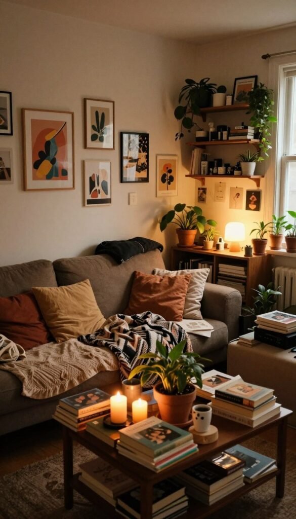 A cozy, small apartment cluttered with decorative items, creating a sense of visual chaos. In the foreground, a cluttered coffee table strewn with books, candles, and potted plants, showcasing warm, inviting colors. In the middle, a small couch adorned with mismatched cushions and throw blankets, slightly askew. Behind it, layered wall decor, including artwork and shelves filled with trinkets, adding to the disordered aesthetic. Soft, natural lighting filters through a window, casting gentle shadows and highlighting the warm tones. The angle captures the feeling of confinement, illustrating why small spaces can appear overwhelming. The ambiance is authentic and homely, reflecting current Pinterest trends. No text or logos present except for a subtle, artistic representation of the brand "WohnKiste" integrated into the decor.