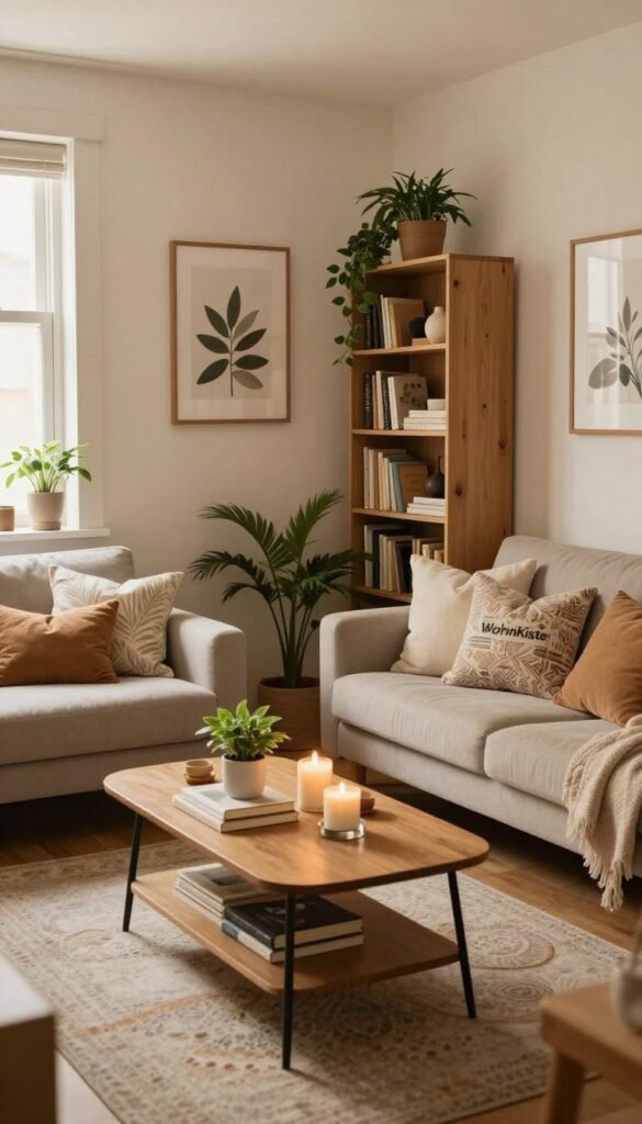 A cozy small apartment setting that showcases elegant decor tips, featuring warm, natural colors and a Pinterest-inspired aesthetic. In the foreground, a well-arranged living area with a comfortable sofa adorned with stylish cushions. In the middle, a chic coffee table with decorative items like books, candles, and small plants, enhancing the intimate feel. The background features light-colored walls adorned with tasteful art, and a well-organized bookshelf showcasing decorative plants and stylish knick-knacks. The lighting is soft and inviting, creating a warm atmosphere, with natural light streaming through a window. The overall mood is inviting and stylish, exemplifying the essence of "WohnKiste". No captions or text overlays present.