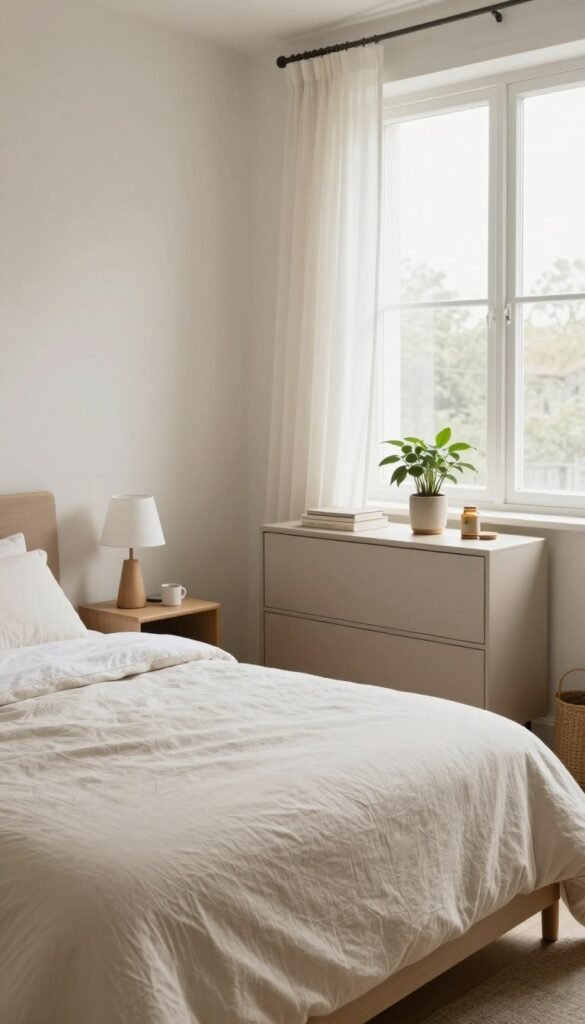 A cozy small bedroom designed for lightness and openness, featuring a minimalist aesthetic with natural warm colors. In the foreground, a neatly made bed with soft, inviting linens in neutral tones. On either side of the bed, small, elegant nightstands adorned with modern lamps and a few decorative items to maintain an uncluttered look. In the middle ground, a compact dresser with plants and personal touches, maintaining the theme of simplicity. In the background, a window allowing natural light to flood the room, with sheer curtains gently swaying, creating an airy atmosphere. The overall mood is peaceful and inviting, perfect for relaxation, with a Pinterest-inspired design. The style reflects the brand "WohnKiste," emphasizing authenticity in small-space living.