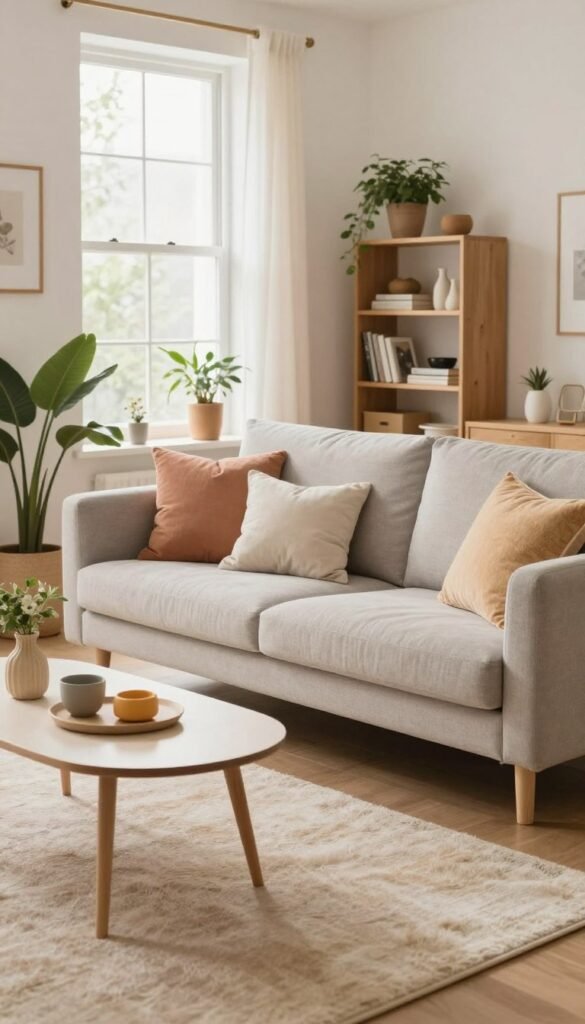 A cozy small living room designed to appear larger, featuring a harmonious blend of warm colors such as soft beige, light grey, and pastel accents. The foreground includes a stylish, minimalist coffee table with a few decorative items, and a plush area rug that adds warmth. In the middle, a comfortable sofa adorned with colorful cushions offers an inviting touch, while a slim bookshelf showcases curated decor items. The background features a large window allowing natural light to flood in, creating a bright, airy atmosphere. Incorporate plants for a fresh feel. The overall mood is serene and welcoming, evoking a Pinterest-worthy aesthetic. Include the brand name "Wohnkiste" subtly in the decor elements, without intrusive text.